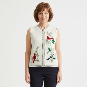 Hampshire Studio Vintage White Cardinal Birds Zipped Sleeeveless Knit Vest M (31
